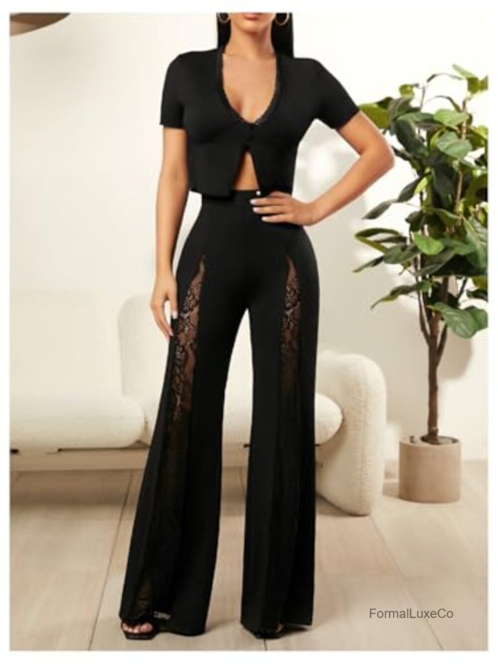 Elegant Floral Lace Bell Bottom Pants High Waist - Picture 4 of 4